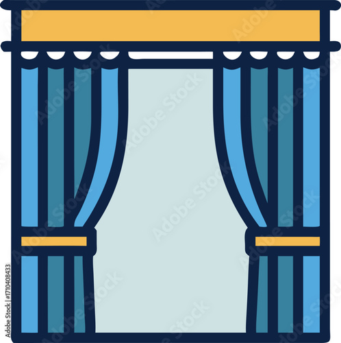 Illustration of an opened blue curtain with golden valance and trim