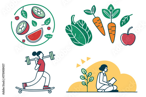 Vibrant flat line art illustrations of healthy lifestyle fruits vegetables fitness and relaxation.