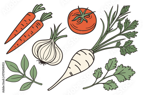Vibrant handdrawn cartoon vegetables and herbs set orange carrots red tomato white onion parsley root green leaves.