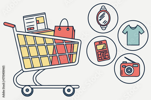 Vibrant flat design shopping cart with laptop bag and essential consumer product icons.
