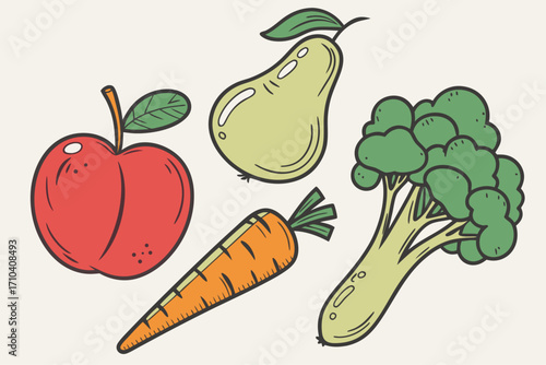 Vibrant handdrawn doodle style fruits and vegetables illustration red apple green pear orange carrot broccoli.