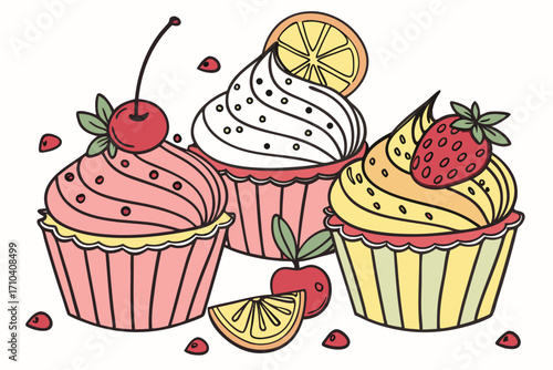 Vibrant handdrawn cupcakes with cherry orange slice and strawberry toppings sweet dessert illustration.