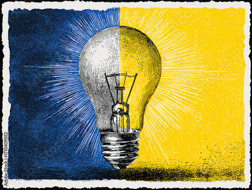 Lampadina divisa: concetto di idea brillante, innovazione e dualità