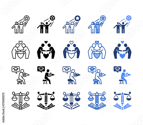 Perseverance, Respect, Diligence, Fairness, multiple style icon set.