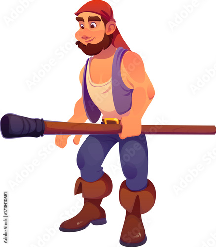 Pirate ship crew character, cheerful corsair with a wooden pole or ramrod, to load cannonballs into a cannon. Cartoon cheerful filibuster personage ready for nautical battle and sea adventures