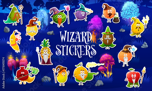 Halloween fruit mage and wizard characters tickers. Whimsical vector set of cartoon magical food personages with staffs, hat, cloaks and fun expressions. Patches for kids activities and fantasy games