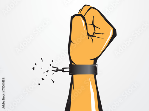 Illustration design of a fist in broken handcuffs on a freedom symbol background