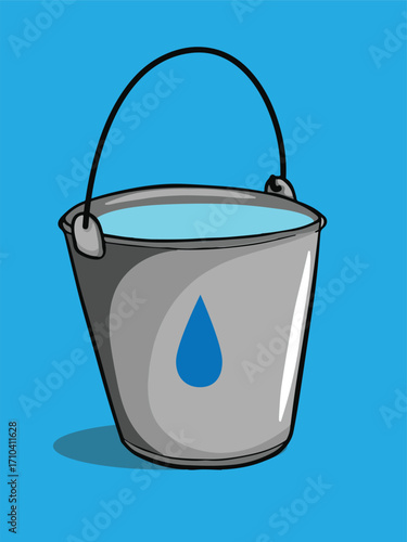 A gray bucket filled with blue water, featuring a blue water drop symbol on its side, set against a blue background.