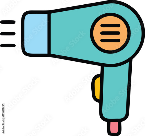 Illustration of a cute turquoise and light blue hair dryer appliance