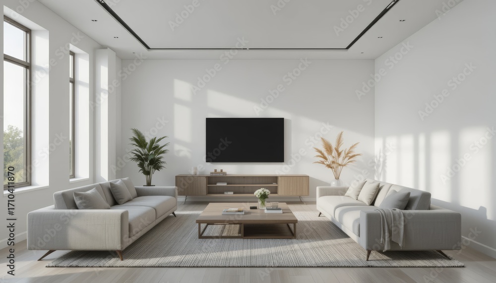 Fototapeta premium Elegant minimalist living room interior design showcasing comfortable sofas and modern media unit