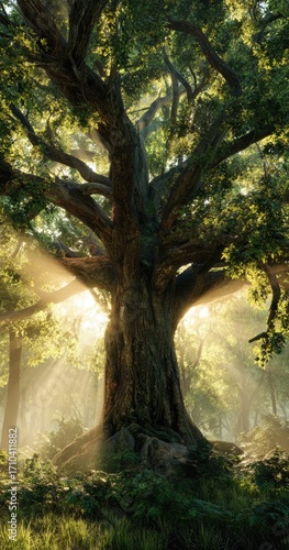 Sunlight streams through the canopy of a large, ancient tree in a misty forest, illuminating its thick trunk and gnarled branches.  The scene evokes a sense of peace and tranquility
