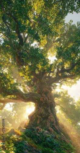 Sunlight streams through the leaves of a majestic, ancient tree, its gnarled trunk and roots visible at the base, surrounded by lush greenery