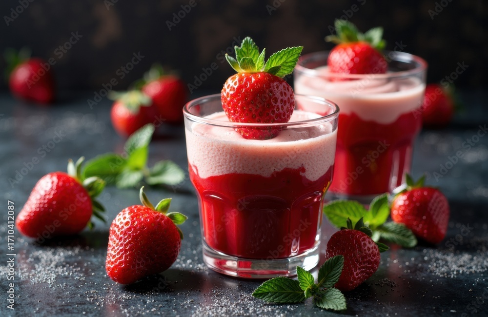 Fresh strawberry dessert served in glasses with mint garnish and scattered strawberries on dark surface Fresh strawberry dessert served in glasses with mint garnish and scattered strawberries on dark surface