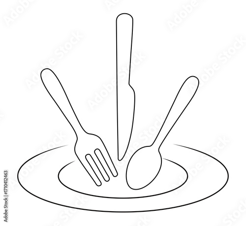 line art of a picture of cutlery in the form of a plate, spoon, fork, and knife. This icon is for a sticker or banner and a restaurant logo.