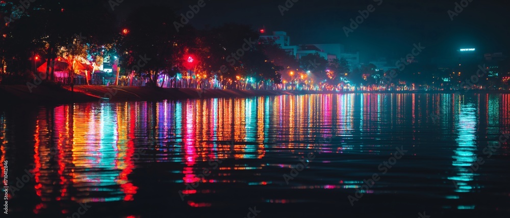 Obraz premium Night reflections glow on a city lake, colors dance on the water surface.