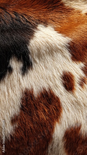 Close-up view of a cowhide's textured surface, showcasing a pattern of brown, white, and black patches. The fur is visible, with varying lengths and densities