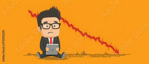 Falling Graph A businessman looks worried while analyzing a declining graph on a tablet.