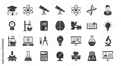Minimalist Black and White Science Education Research Element and Study Icon Set