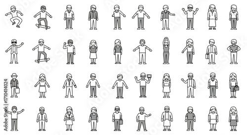 Simple Lineart Diverse Character Set Illustration of People in Various Poses