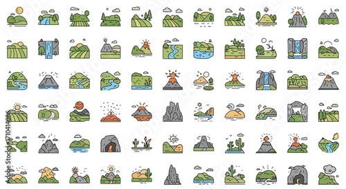 Flat Line Illustration Collection of Landscape, Mountain and Nature Icon Set