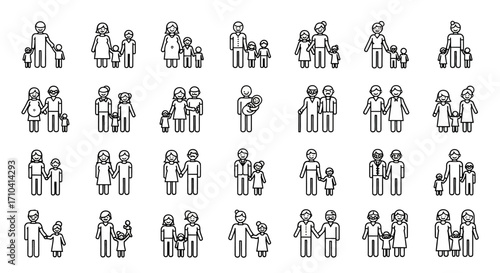 Simple Line Art Family Icon Set Depicting Diverse Relationships and Structures
