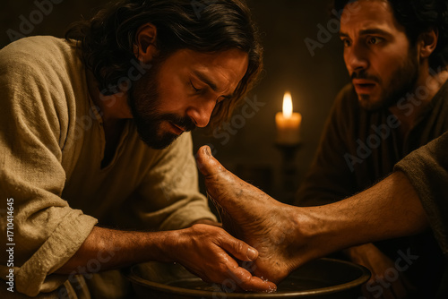 Jesus washing feet of disciple during supper