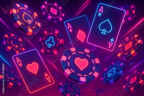 Neon Casino Chips and Playing Cards