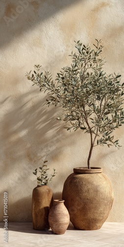 Earthy-toned still life featuring three terracotta pots of varying sizes, one containing a small olive tree, set against a textured beige wall bathed in sunlight