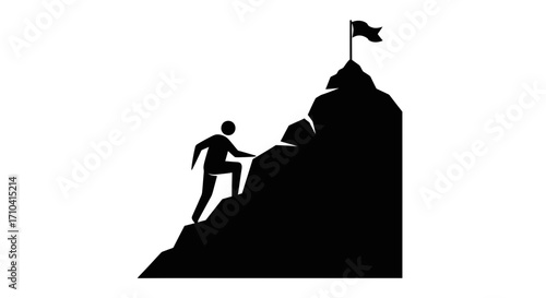 Climbing mountain towards success, achieving goals with flag waving on top, reaching the summit