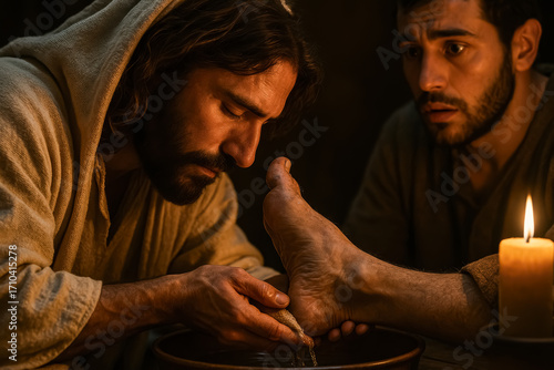 Jesus washing feet of disciple during supper