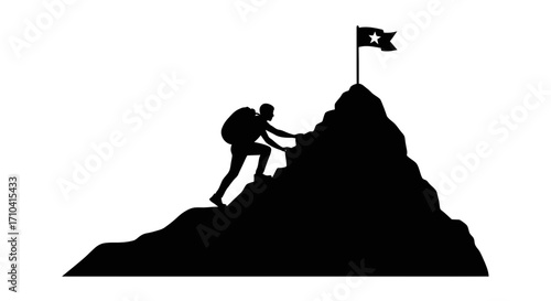 Silhouette of climber reaching mountain peak with flag symbolizing success and achievement