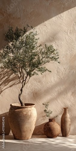 A sunlit still life featuring an olive tree in a large terracotta pot, accompanied by smaller terracotta vessels holding sprigs of greenery, set against a textured beige wall