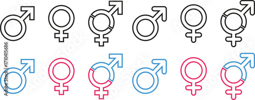 Male and female gender outline symbols icon set. Gender identity signs isolated on transparent background. Feminine and masculine symbols. Vector illustration.