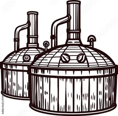 Hand drawn wooden whiskey distillation tanks with metal pipes in vintage engraved