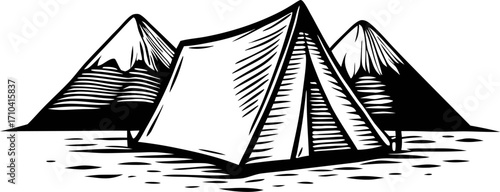 Hand drawn camping tent and mountain landscape sketch monochrome outdoor adventure illustration on white background