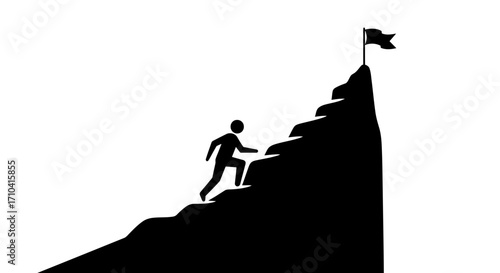 Silhouette of determined person climbing mountain towards flag representing success and achievement