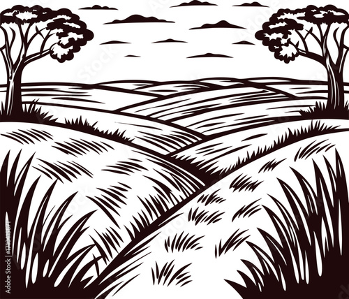 hand drawn rural landscape with fields and clouds vintage black and white countryside scenery illustration