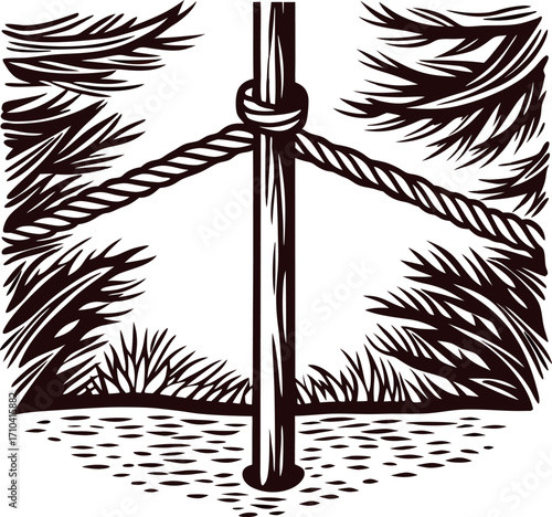 Woodcut illustration of a sturdy rope tied to a wooden post outdoors surrounded by trees and bushes