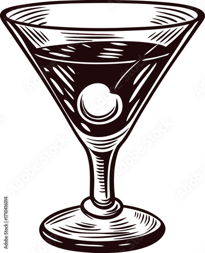 Hand drawn vintage martini cocktail glass with olive engraved black and white alcohol drink illustration