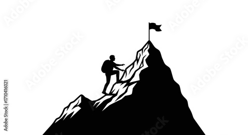 Silhouette of a determined person climbing a mountain towards success and a flag