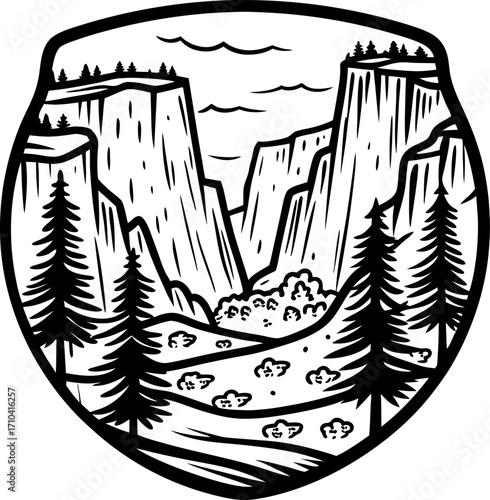 Hand drawn mountain valley landscape with pine trees and rocky cliffs in vintage engraved emblem