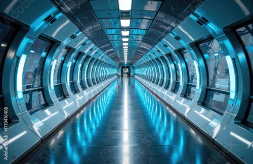 Futuristic tunnel with glowing blue lighting creating a sleek, modern corridor atmosphere