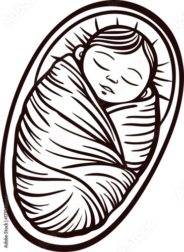 Hand drawn newborn baby wrapped in blanket sleeping, stylized sketch illustration, vintage engraved design