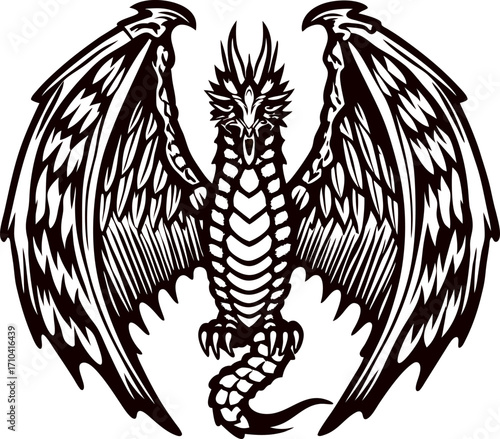 Detailed black and white winged dragon illustration with sharp scales, fierce expression, and spread wings in bold line