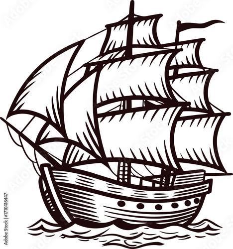 Vintage hand drawn sailing ship on rough sea waves in detailed black ink sketch illustration