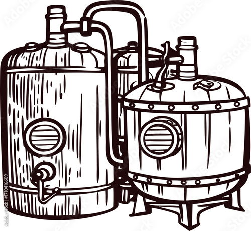 Hand drawn copper alembic stills vintage distillation apparatus engraved brewing equipment illustration