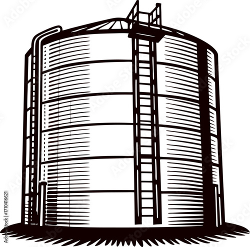Hand drawn cylindrical grain silo illustration with ladder and hatch, vintage black sketch on white background