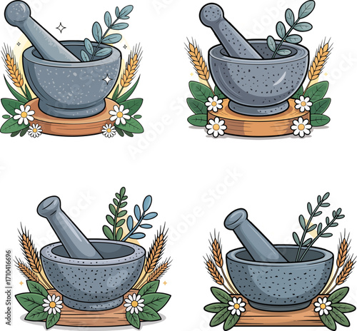 Mortar and pestle set with spices for cooking and grinding herbs