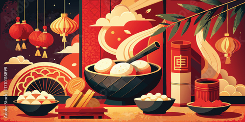 Chinese new year celebration with lanterns and food offerings