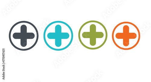 Four colorful plus icons in circles offer versatile design elements for health, finance, or general addition concepts.